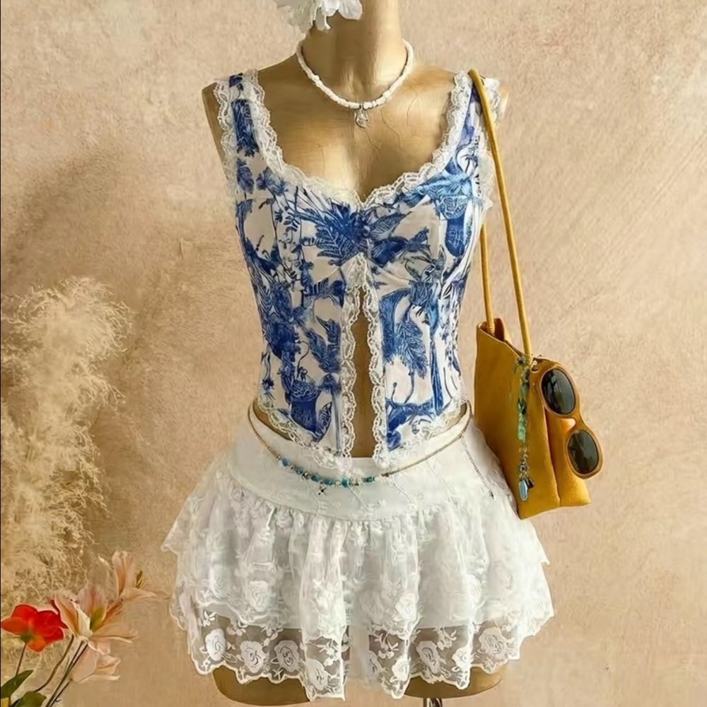 Blue & White Floral Lace Top